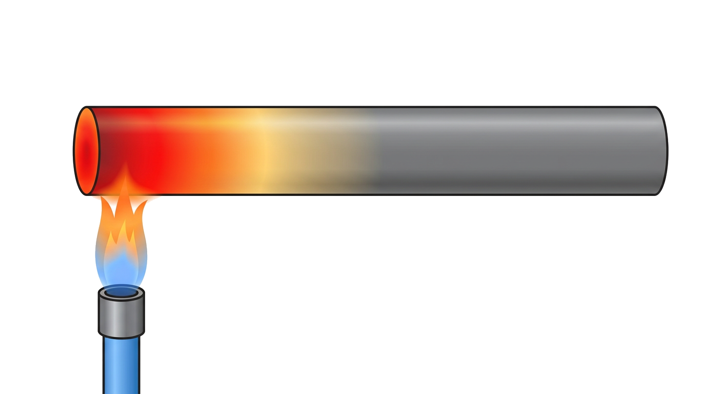 Metal rod being heated in a flame, showing heat transfer by conduction.