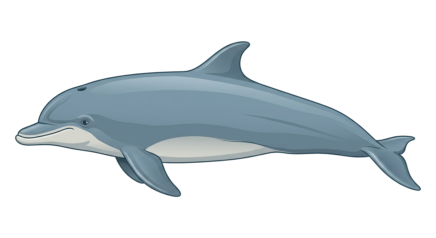 A cartoon illustration of a dolphin swimming in the ocean.