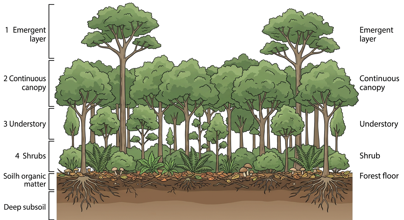 Forest scene with tall trees and dappled sunlight