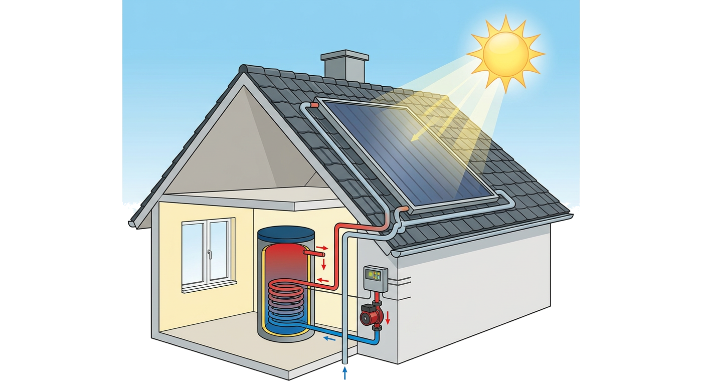 Solar Water Heater showing heat transfer methods